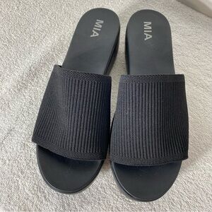 MIA Black Ribbed Platform Wedge Slip On Stretchy Slide Sandals 90s 9.5